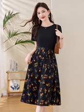 高级感印花拼接连衣裙女2025夏季新款收腰显瘦气质女神范减龄裙子，女装连衣裙，魅家