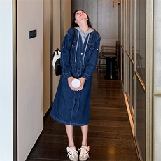 牛仔连衣裙女秋拼接假两件2024秋新款连帽休闲宽松减龄工装连衣裙，女装连衣裙，慧尚依恋
