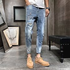 2021新款烫钻印花弹力牛仔裤男修身小脚裤九分裤QT6027-1025，男装牛仔裤，电商D218