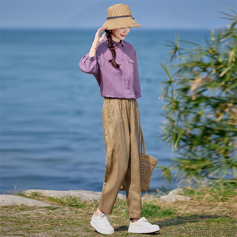 棉麻套装女2025年夏季新款妈妈洋气苎麻薄款衬衫休闲裤气质两件套,女装套装/套裙,涵誉