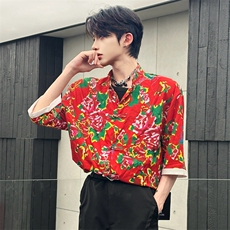 （自家图）风东北花衬衣中式唐装短袖民族茶禅服男2100-P68，男装T恤，星座910-5