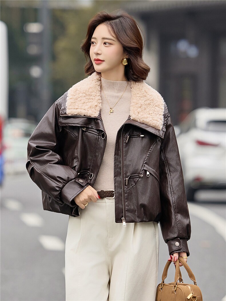 时尚羊羔毛翻领PU皮羽绒服女2025冬季新款加厚保暖白鸭绒皮衣外套,女装短外套,E百度