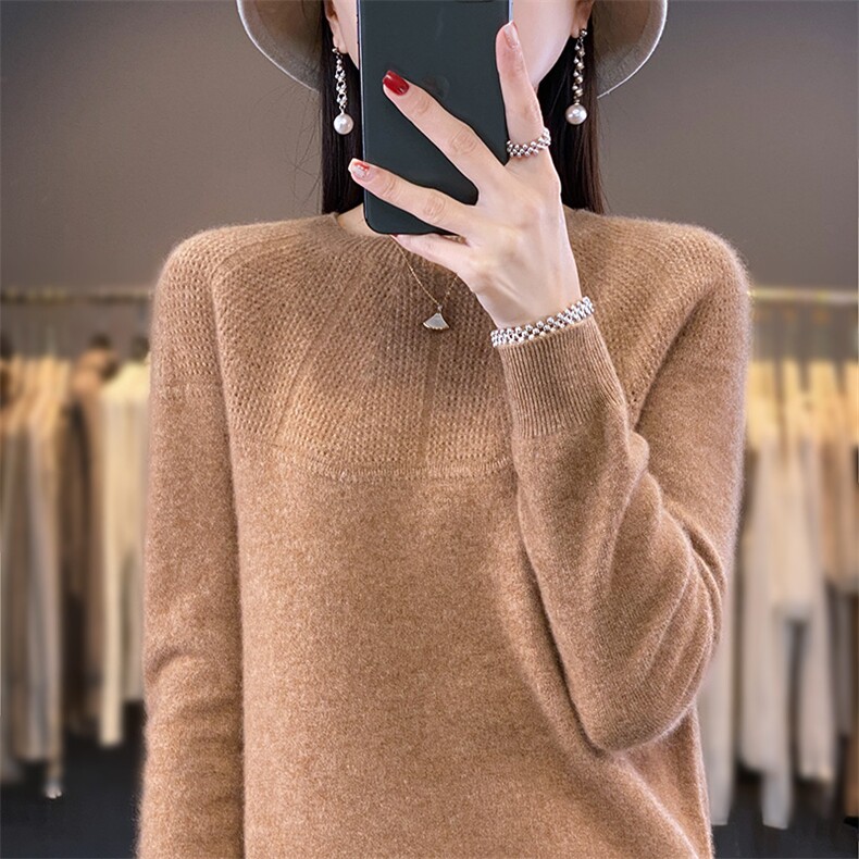 圆领新款针织长袖女纯色针织衫简约百搭宽松套头上衣,针织衫/毛衣,戎洋