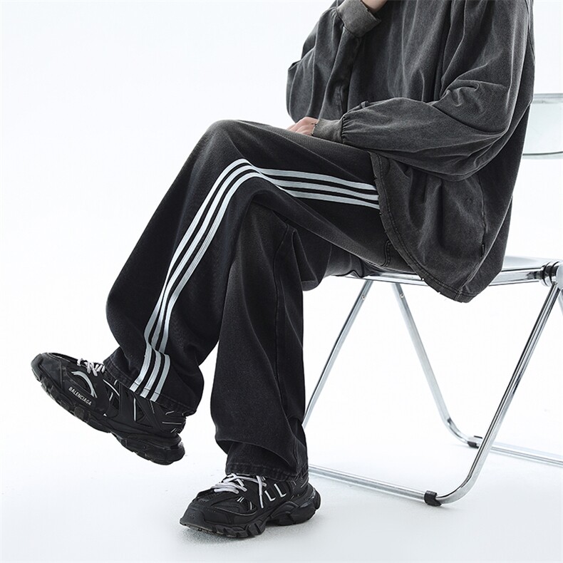 松紧腰条纹牛仔裤男春秋季美式高街hiphop裤子潮牌水洗宽松阔腿裤,男装牛仔裤,电商B342