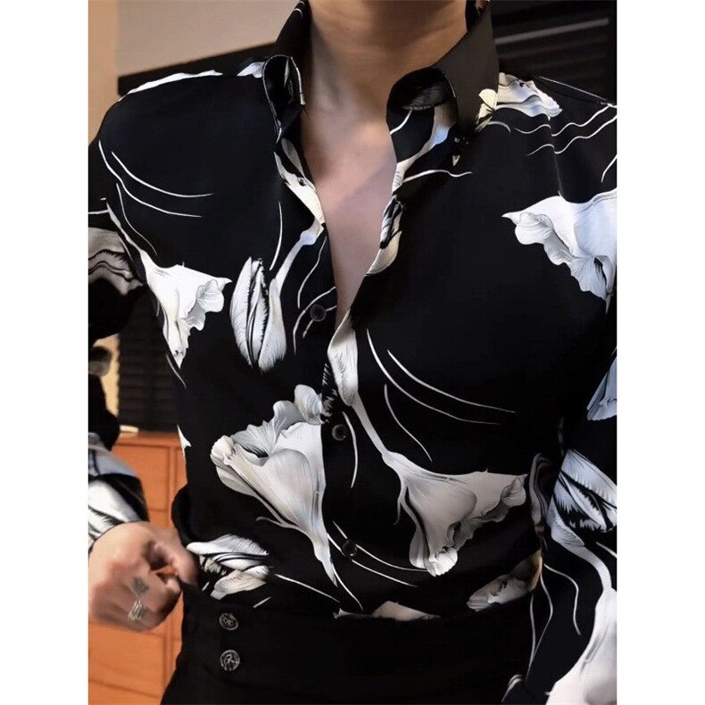 高品质弹力雅痞绅士个性欧货衬衫秋季黑白配图案洋气花衬衫 CY53图片