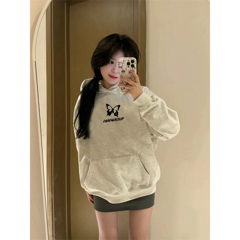 美式小众设计连帽卫衣秋冬蝴蝶印花宽松情侣外套上衣WCX252-P48，女装短外套，星座208-5