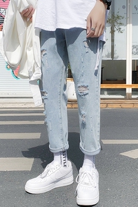 主推差价 N60夏季休闲破洞牛仔九分裤男宽松阔腿牛仔裤cn60图片