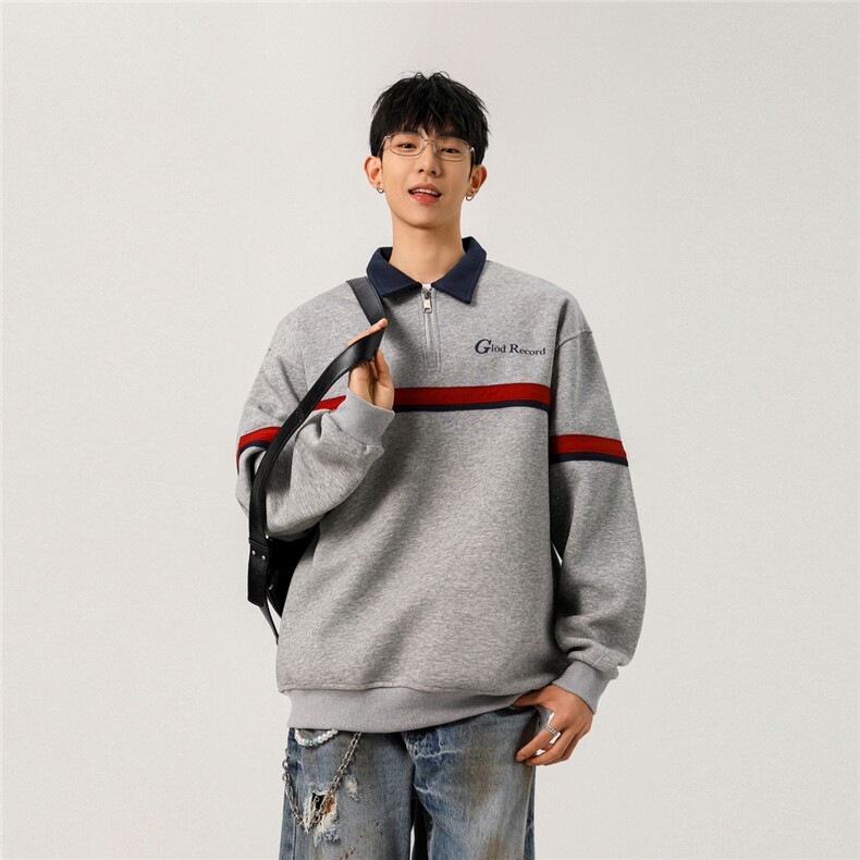 2026春款美式复古拉链撞色Polo领长袖套头卫衣GW056-P65-控89，男装卫衣，星座216(原A116)