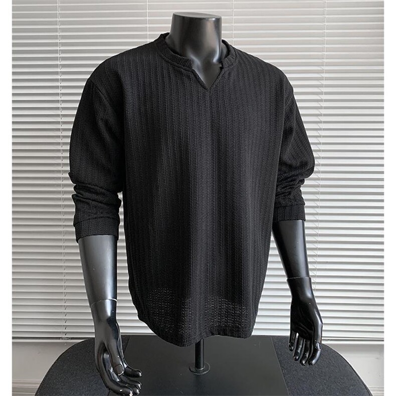 美式高街千鸟格子长袖T恤男女亨利V领英伦雅痞休闲宽松长袖打底衫，男装T恤，电商A443