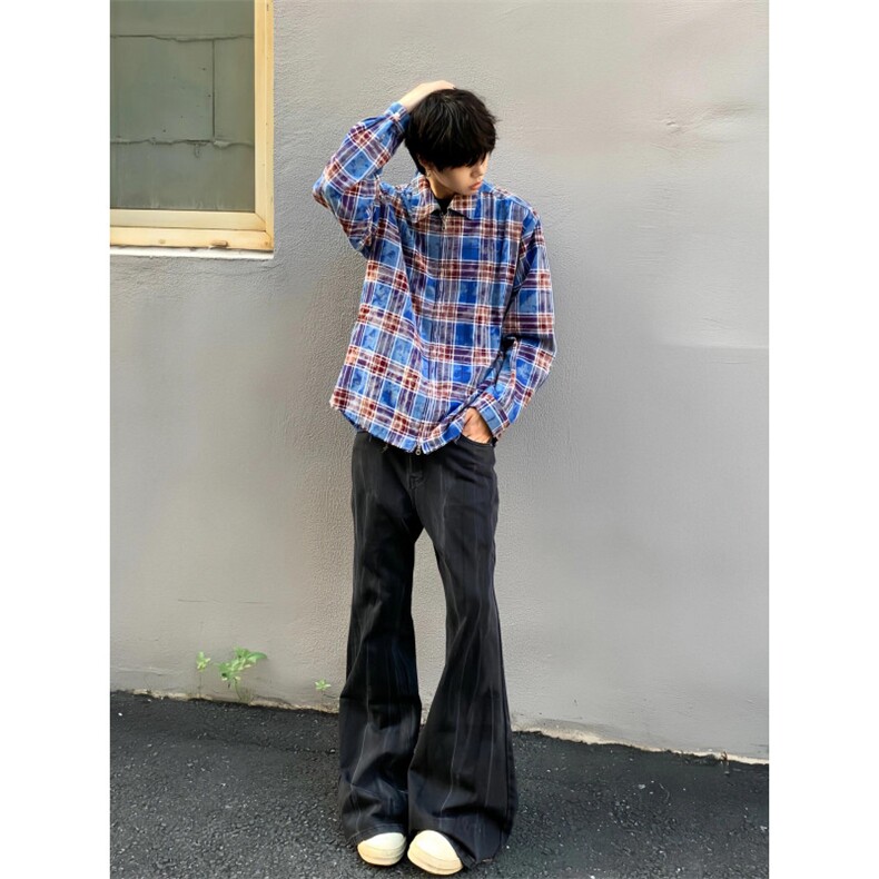 【有货】毛边破坏格子衬衫男长袖高级感拉链衬衣外套2503CC-特P45,男装衬衫,星座1007（原301D）