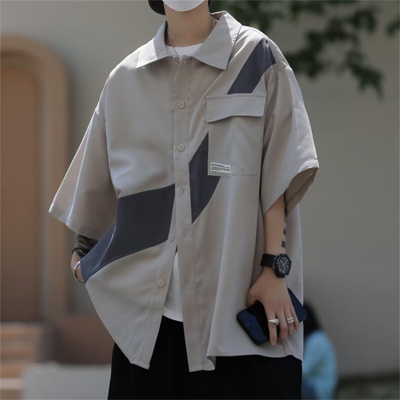 拼接短袖衬衫男夏季日系cityboy宽松休闲翻领工装衬衣潮CS453-P33图片