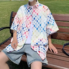破洞做旧短袖衬衫男女夏季痞帅百搭宽松休闲衫衬衣上衣外套，男装衬衫，星座601-2