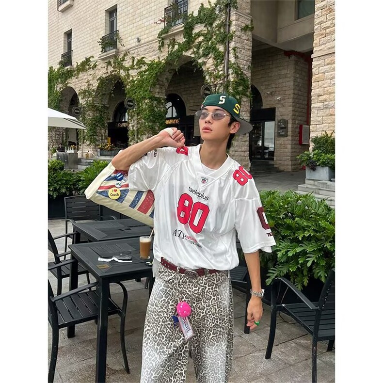 美式运动风数字印花短袖球衣夏季男女宽松休闲百搭打底上衣图片