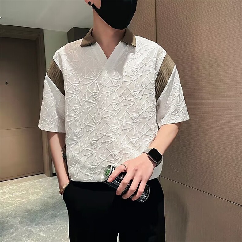 轻熟个性设计感短袖T恤男夏季痞帅修身翻领半截袖拼接撞色polo衫图片