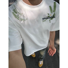 网图有货美式花卉刺绣短袖T恤男女潮牌设计复古夏季体恤A414-P35，男装T恤，星座1505