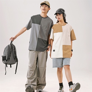 2024夏季新款男装日系潮牌纯棉拼色圆领宽松短袖休闲T恤T892-F55图片