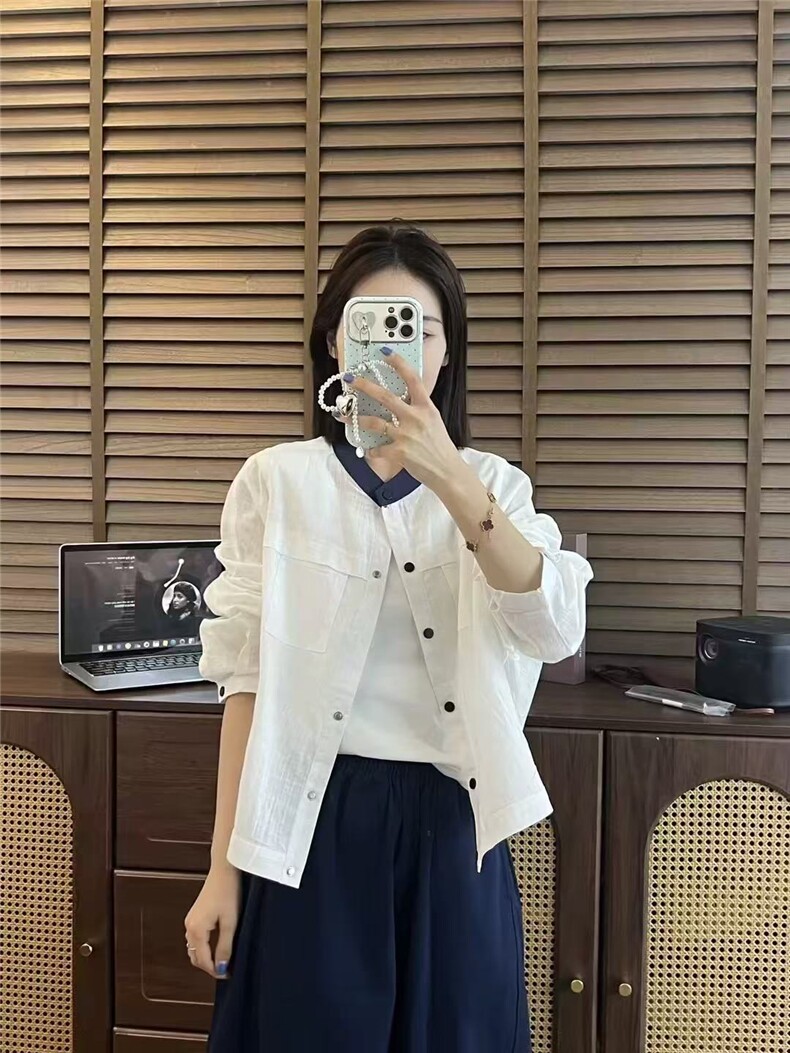 韩系文艺风撞色领子胸前口袋设计感开衫外套,女装短外套,湘姗