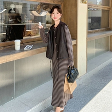 慵懒风条纹连衣裙套装女2025秋新款超火流行皮衣马甲T恤裙两件套，女装连衣裙，2C032