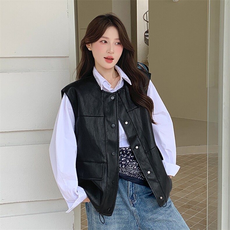 黑色高级感皮衣时尚洋气2025秋新款pu皮马甲圆领外套女,女装皮衣,2C229