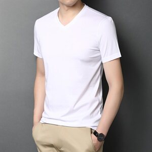G8882 2021夏季新款T恤衫男桑蚕丝短袖V领图片