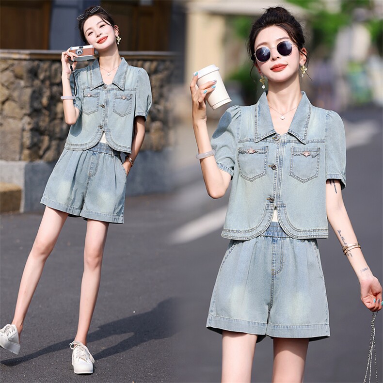牛仔短裤套装女夏2025新款时尚洋气时髦小个子今年流行休闲两件套，女装套装/套裙，意芙