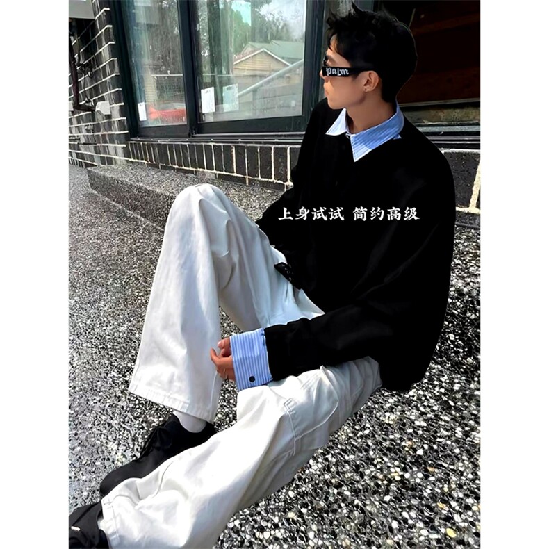 抖音得物高品质26春装美式高街假两件衬衫领长袖卫衣POLO领打底衫,男装T恤,电商A486