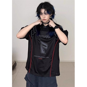 复古球衣风t恤男夏季网眼速干透气机车风半袖机车服短袖 T191图片