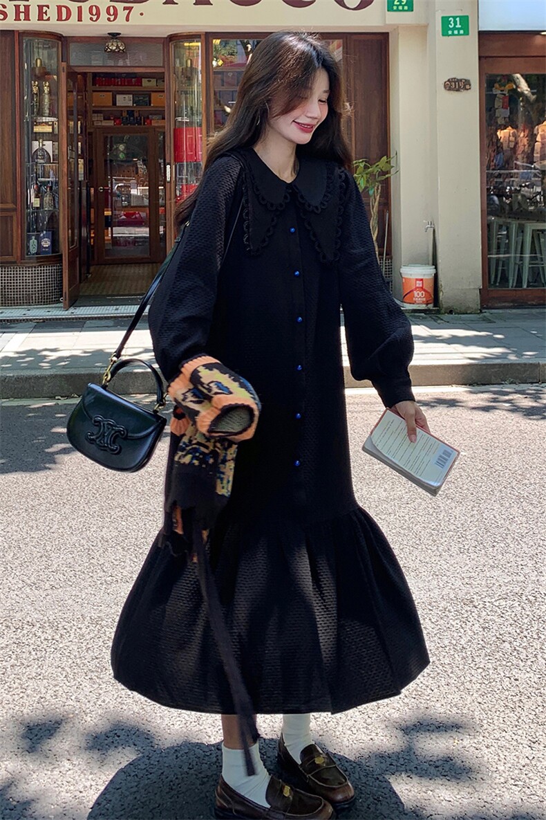 慵懒松弛感娃娃领黑色衬衫裙女春秋2025新款今年流行的直筒连衣裙,女装连衣裙,C位
