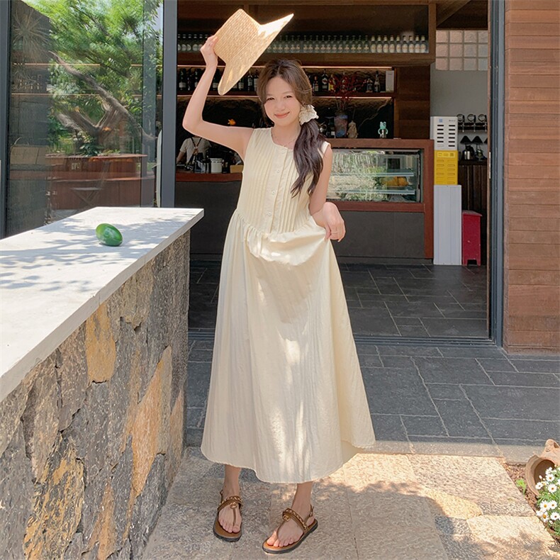 2024夏季新款韩版百搭时尚宽松连衣裙女无袖压褶显瘦背心长裙子潮,女装连衣裙,C位