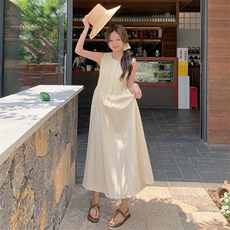 2024夏季新款韩版百搭时尚宽松连衣裙女无袖压褶显瘦背心长裙子潮，女装连衣裙，C位