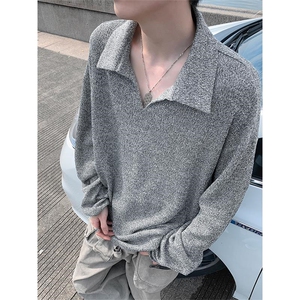 港风V领麦穗纹理感翻领大码长袖T恤打底上衣男T24506-特P43控79图片