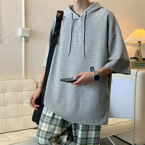 新款优品男士短袖连帽抽绳刺绣字母T恤宽松上衣ZDL3204-P49图片