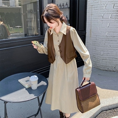 法式复古PU皮马甲连衣裙套装女2024秋季气质显瘦条纹衬衫裙两件套，女装连衣裙，2C129