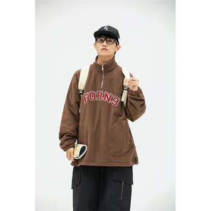 2022羊羔绒外套秋冬潮流休闲套头半拉链口袋加厚百搭棉服夹克N227图片