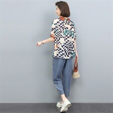 夏季新款舒适透气休闲套装时尚格子短袖上衣+宽松牛仔裤显瘦百搭两件套，女装套装/套裙，悦见她