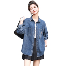 欧洲站牛仔衬衫女中长款2024春秋新款韩版宽松小个子衬衣外套上衣，女装衬衫，丽影随形