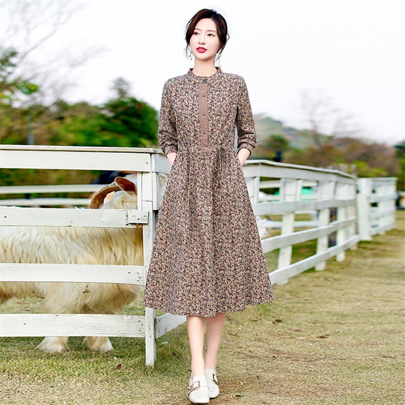 高端纯棉碎花连衣裙女长袖2026春季新款淑女气质收腰显瘦印花长裙,女装连衣裙,倪叶myz