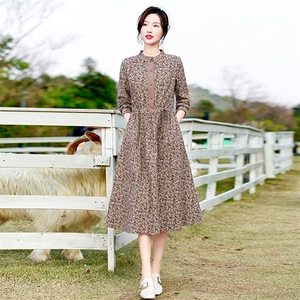 高端纯棉碎花连衣裙女长袖2026春季新款淑女气质收腰显瘦印花长裙图片