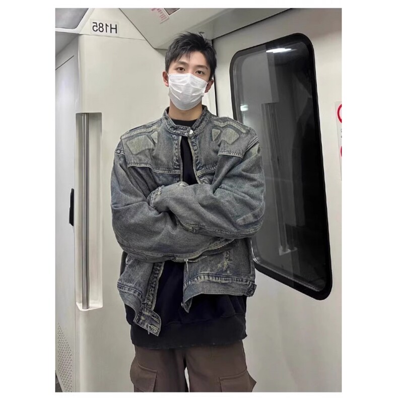 美式复古设计感浮雕机车盔甲牛仔外套男秋季宽松立领夹克J8865,男装工装外套,星座1116A（原606A-3）