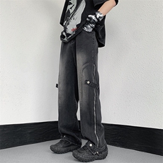 美式高街搭扣拉链牛仔裤水洗痞帅开叉裤313A-1-NZ034-P65控78，男装牛仔裤，星座808A-1