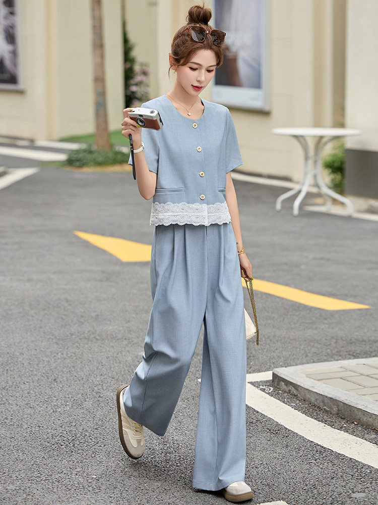 小香风套装女2025夏新款韩系高级感御姐蕾丝短袖阔腿裤一整套穿搭,女装套装/套裙,牡丹诺