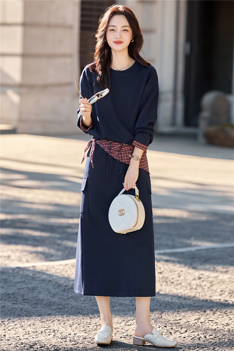 黑色格子拼接学院风套装裙女2025秋季新款休闲卫衣半身长裙两件套,女装套装/套裙,芭米依尚