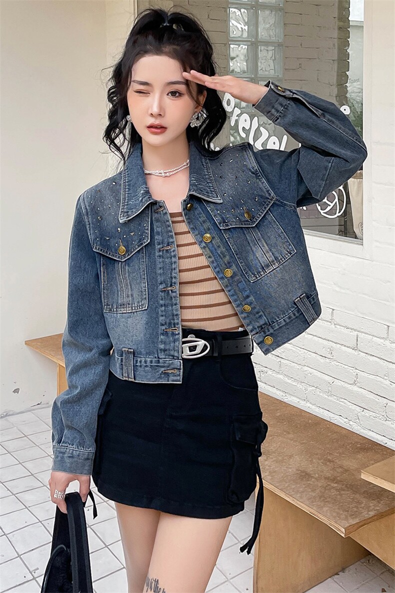 复古蓝休闲牛仔外套女2023年春秋新款设计感时尚显瘦夹克短外套潮,女装短外套,纯色衣恋