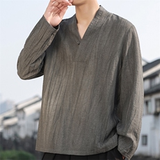 2025春夏棉麻男装风亚麻衬衣新中式V领盘扣衬衫唐装C176-P65，男装衬衫，电商B277(原6028)