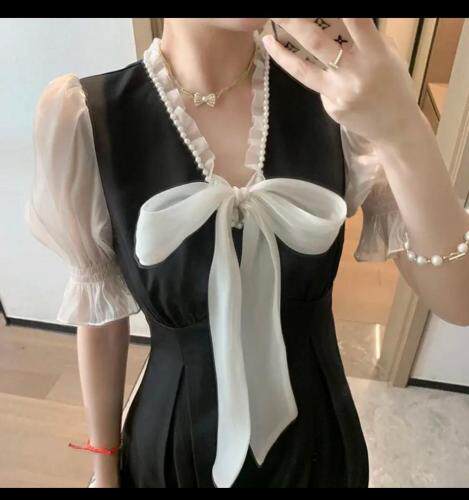 鎏金纱珍珠蝴蝶结连衣裙小黑裙，女装连衣裙，M.W 嫚维