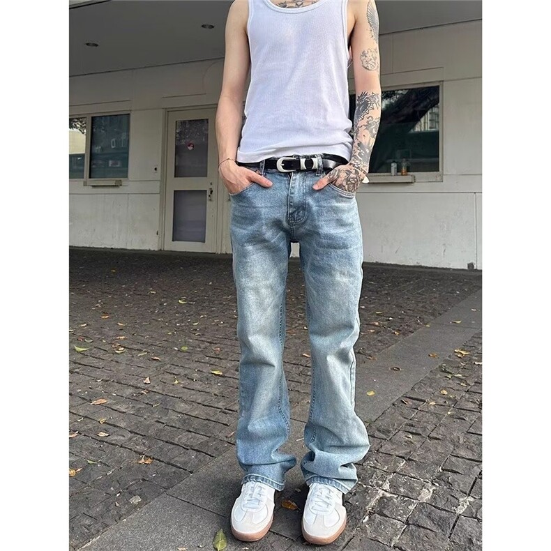 美式复古水洗浅牛仔裤男潮牌cleanfit裤脚磨破直筒裤AM3171P48,男装牛仔裤,星座1013-5