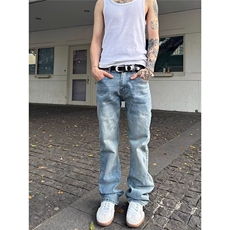 美式复古水洗浅牛仔裤男潮牌cleanfit裤脚磨破直筒裤AM3171P48，男装牛仔裤，星座1013-5