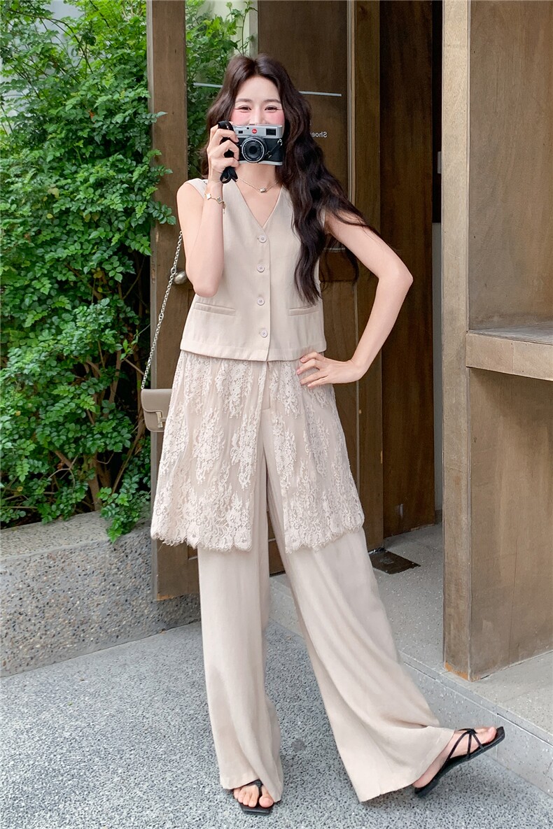 韩系松弛感蕾丝拼接马甲套装女2026夏季新款休闲阔腿裤两件套,女装套装/套裙,冬木谷雨