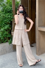 韩系松弛感蕾丝拼接马甲套装女2026夏季新款休闲阔腿裤两件套，女装套装/套裙，冬木谷雨