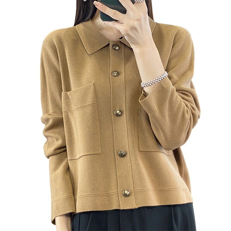 针织开衫女春秋2024新款长袖衬衫领短款柔软舒适宽松百搭毛衣外套,针织衫/毛衣,佳绒包芯纱店